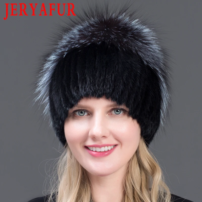 JERYAFUR Женская зимняя норковая меховая вязаная шапка из натуральной норки, меховые шапки из серебра лисы, женские русские теплые шапки, лучшая женская меховая шапка