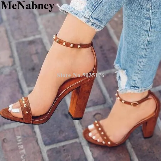 

McNabney Women Sandals Summer Rivet Ankle Strap Buckle Peep Toe Thick Heel Ladies sandals High Hoof Heel Fashion Women's Shoes