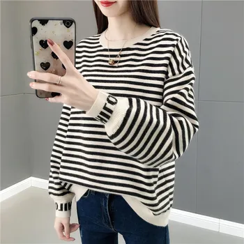 

Sweater Female Spring 2020 New Korean-style Loose-Fit Low Collar Stripes Hoodie with Sleeves Knit Low Waist Jersey Outer Wear