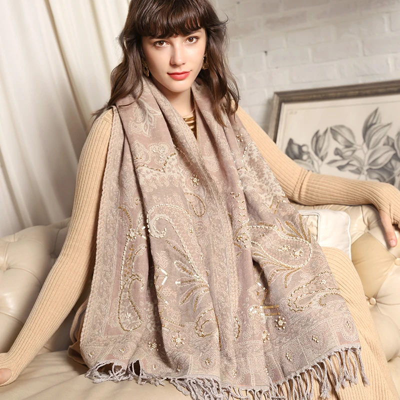 

Cashmere Blend Cachecol Feminino Women Soft Embroidery Beads Shawls Autumn Winter Handmade Pashmina Oversize Ultra Long Wrap