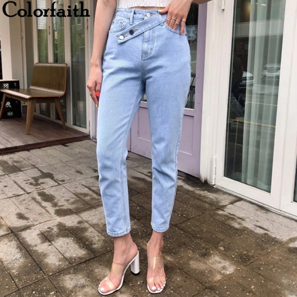 Женские джинсы с высокой талией Colorfaith синие повседневные винтажные до щиколотки