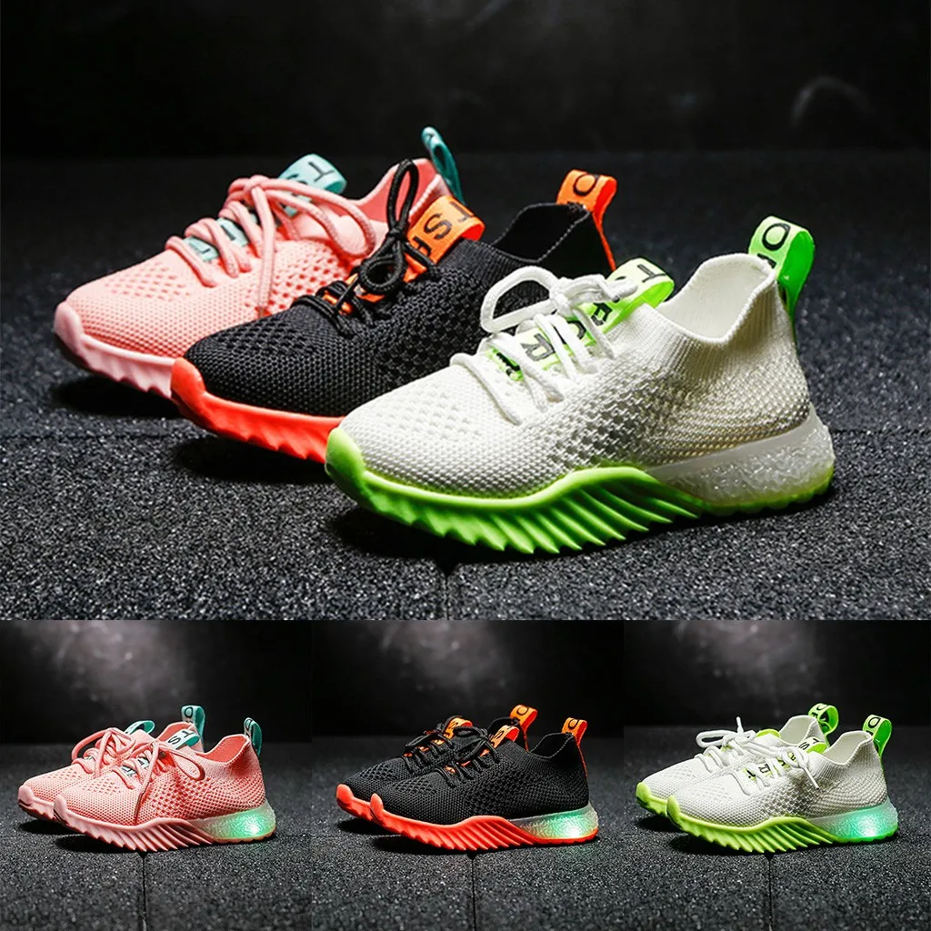  Children Kids Baby Girls Boys Letter Mesh Led Luminous Sport Run Sneakers Shoes Soft-soled Sneakers