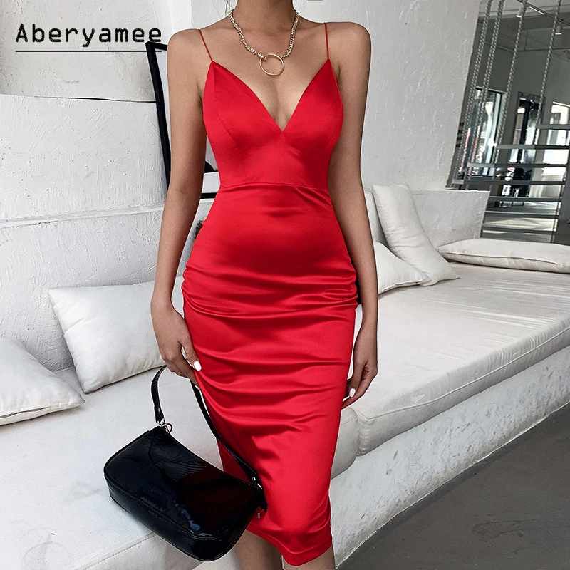 Aberyamee Women Sexy Party Bodycon Dresses Elegant Spaghetti Strap ...