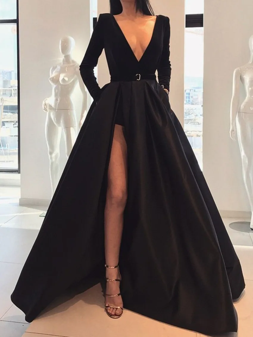 

2020 Saudi Arabic Black High Side Split A-ling Prom Dresses Full Sleeves Modest Long Prom Gowns Vestido Longo Festa