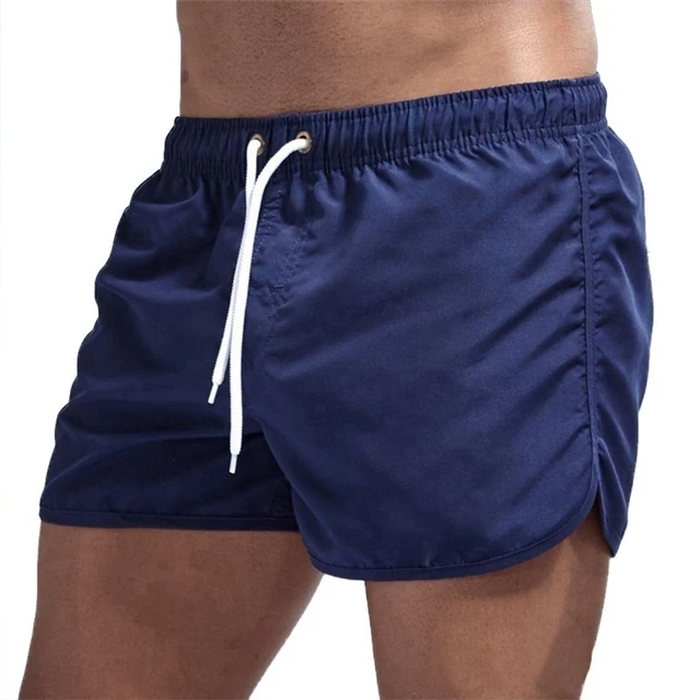 New Men's Summer Swimwear Solid Color Beach Board-shorts Swimsuits Running Sports Casual Breathable Homme Short Pants Dark Blue