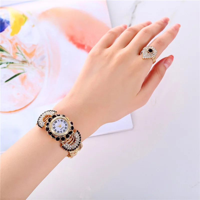 Trend Diamond Bracket Band Ring Bracelet Watch European and American Fashion Gorgeous Rhinestone Female Quartz Watch