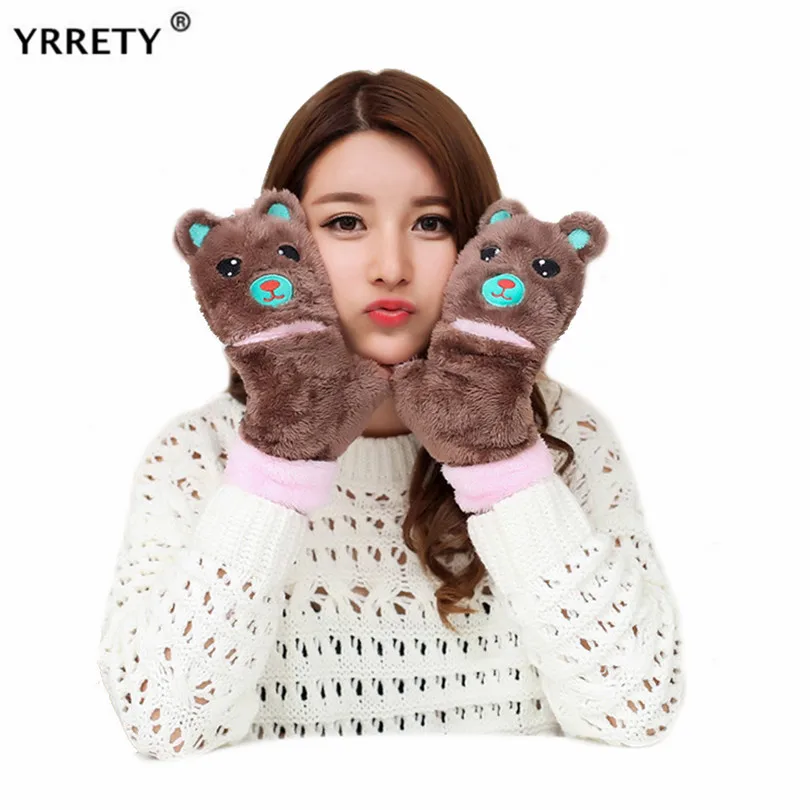 YRRETY/Женская прекрасная зимняя теплая перчатка без пальцев, пушистый медведь, кошка, плюшевая раскладушка, теплые перчатки с половинными пальцами, варежки для взрослых