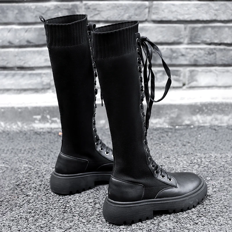 Tanie RASMEUP skórzane Kintted elastyczne damskie buty do kolan 2020 styl kobiety platformy długie buty zasznurować pani Chunky buty Plus Size