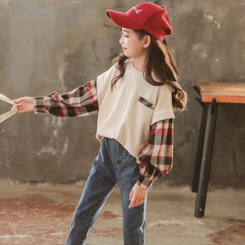 十代の女の子秋服の子供たちは子供長袖チェック柄のスウェットシャツの女の子のティーンエイジャーのためパッチワークトレーナー 12 Aliexpress Mother Kids