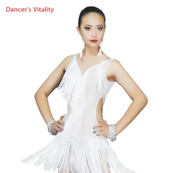 

Present Latin Dance Dresses For Ladies Pink Red Tassel Rhinestone Skirts Women Ballroom Roupas Infantil Italy Dancing Dress 1188