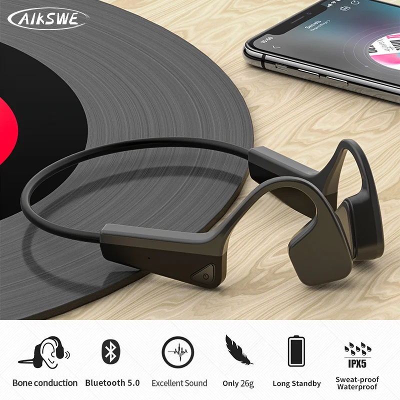 AIKSWE-auriculares de conducción ósea con Bluetooth, dispositivo inalámbrico de deporte, IP56, estéreo, manos libres, con micrófono para correr