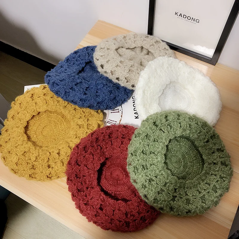 Ручная работа полый цветок шерстяной берет женская осенняя и зимняя темпераментная винтажная шляпа из кожи дыни вязаная шапка художника Женская
