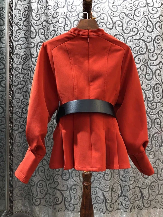 Spring new women's small round neck solid color decorative waist buckle long sleeve all-in-one Pullover Top 1128