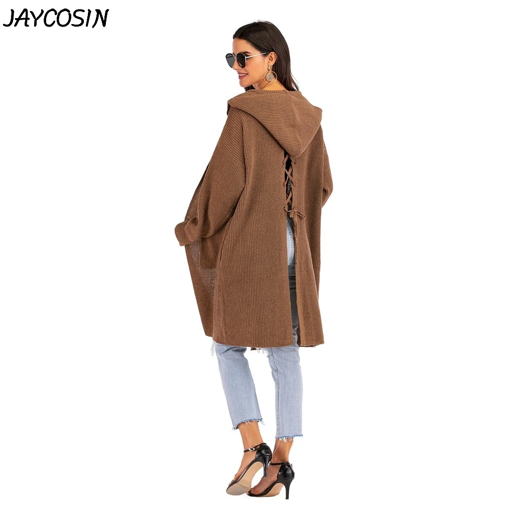JAYCOSIN, женские свитера, однотонный, длинный рукав, карман, сзади, шнуровка, с капюшоном, вязаный свитер, пальто, зима, повседневный кардиган, свитер, пальто