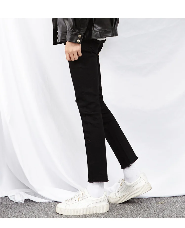 2019 новый стиль, джинсы с дырками, трендовые, корейский стиль, обтягивающие, облегающие, блестящие, крутые, черные, узкие брюки, мужские