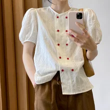 

Loose Comfort Summer Short Sleeve T-Shirts Women Double Breasted O-Neck Chic Tops Solid Colors Commute Clothing Casual Shirts