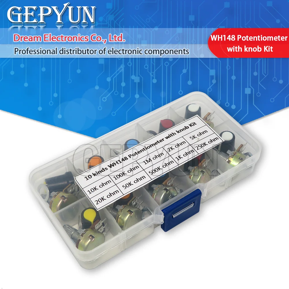 Wh148 Kit Potenziometro B1K 2K 5K 10K 20K 50K 100K 500K 1M 15Mm Set Resistore Potenziometro Rotativo Conico Lineare 3Pin Con Cappuccio