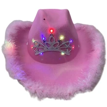 Neon Sparkly Glitter Space Cowboy Hat Fun Feather Trim Sequin Trim Party Disco Dress Up Cowboy Hat Pink Glitter