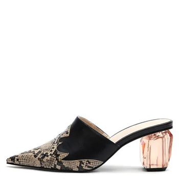 

YECHNE Summer Women Snakeskin Pattern Slipper Transparent Hooks Shoes Punch Shoe Woman Snakeskin Pattern Sandals Sexy
