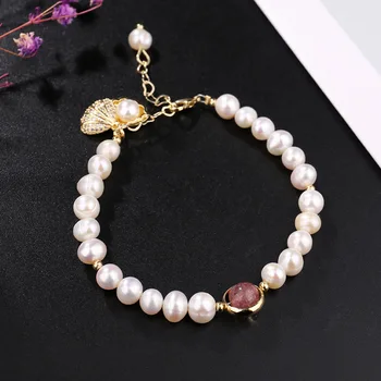 

Handmade Baroque freshwater pearl Natural Strawberry crystal Charm Bracelets for women Jewelry gift 16.5cm+5.5cm