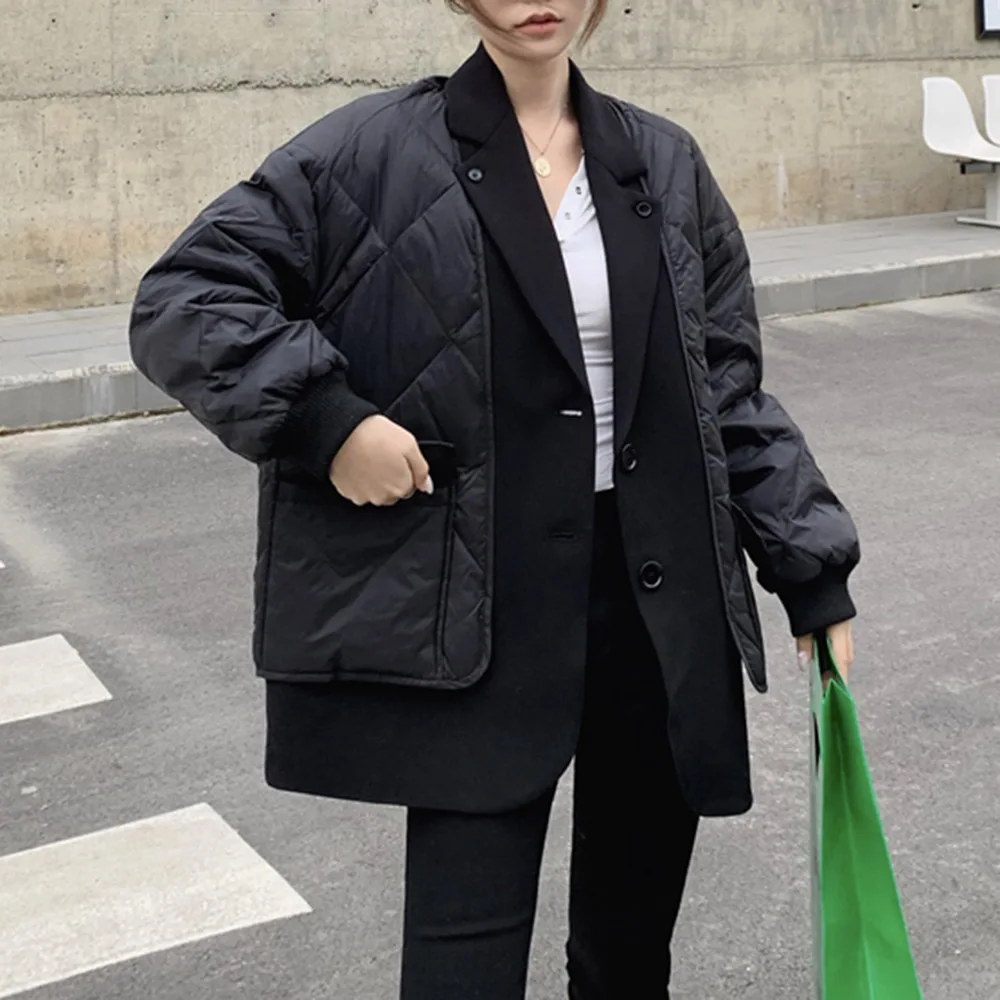 

Japanese Cotton Padded Jacket Fake Two Woolen Loose Fashion Splicing Lapel Autumn Winter Keep Warm Long Sleeve Black 2020