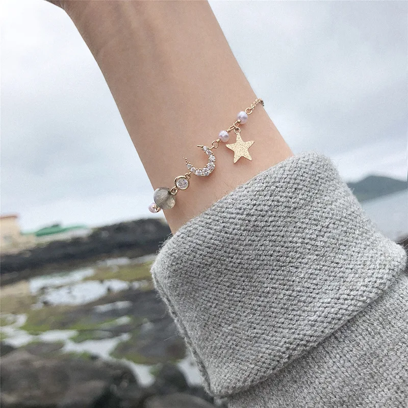

2019 Fashion Crystal Charm Bracelets for Women Gold Color Link Chain Cuff Bracelet Moon Star Bangles Jewelry pulseras gift