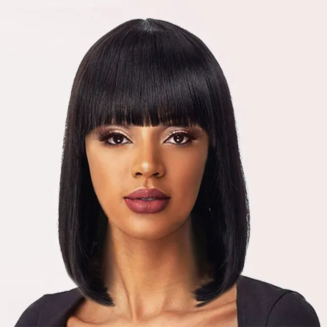 SSH Short Human Hair Wig with Fringe for Women Straight Remy Hair Bob Wigs With Bangs Dark Brown Balayage Highlight Ombre Color #1B