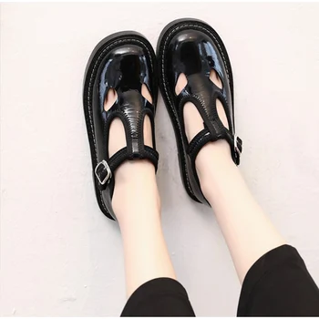 

Mary Jane Shoes Retro Hollow Patent Leather Single Shoes Female Round Head Flat Shoes College Style Shoes T-Strap Leather Shoes