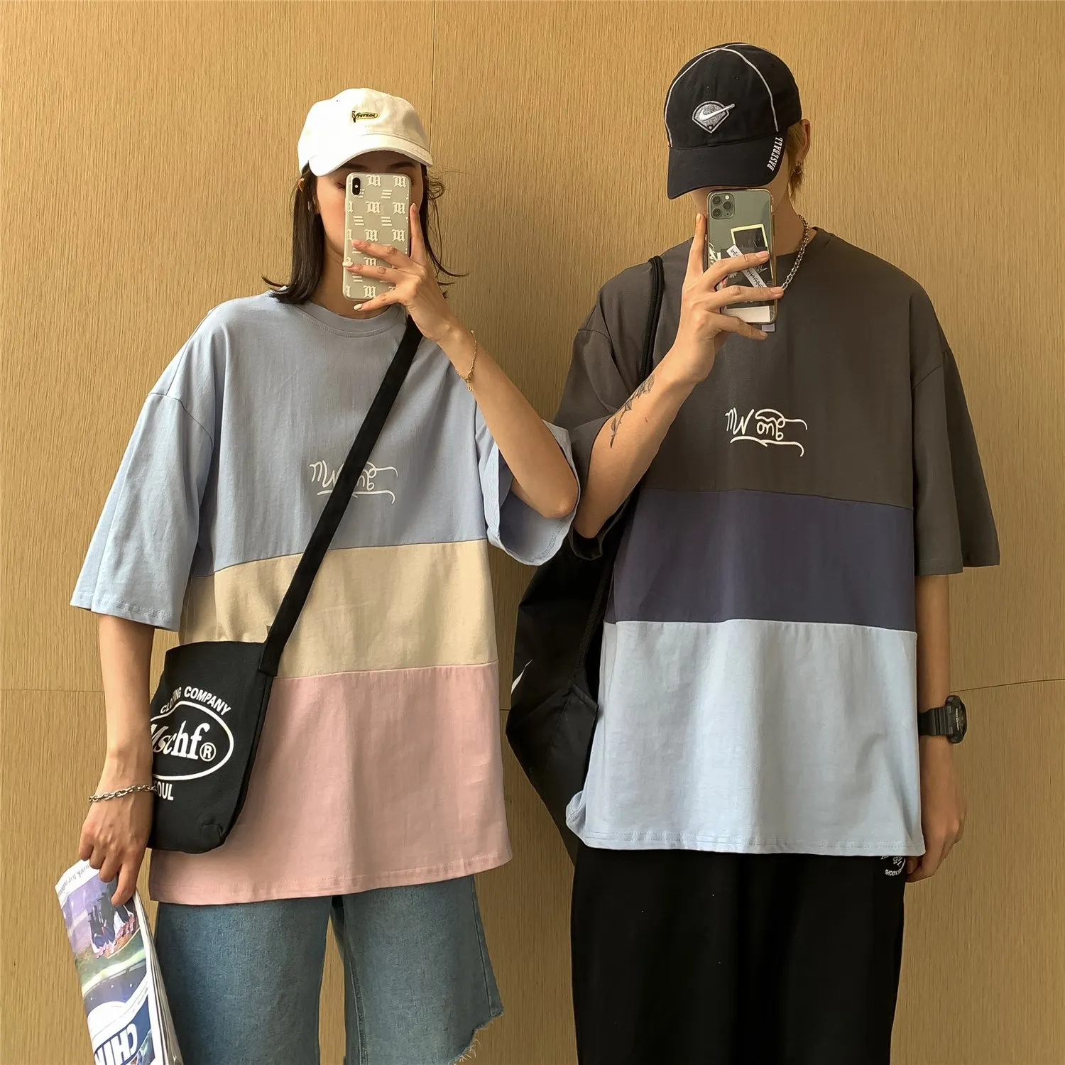 

Casual Contrast Color Simple Couple Clothes Mens Summer Tops Pullover Streetwear Harajuku Striped T Shirts Loose Tshirts for Men