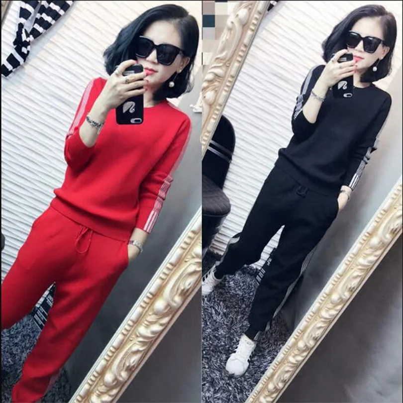 

Taotrees Autumn Female O-neck Long Sleeve Knitted Pullovers Tops + Solid Color Drawstring Casual Pants Suit
