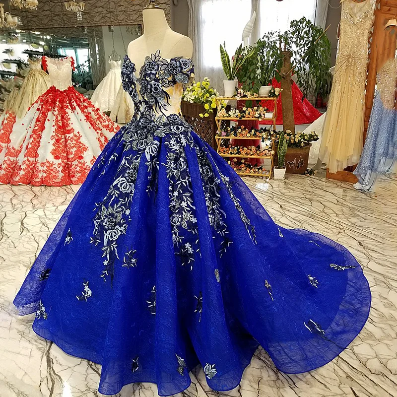 LS03656 flores de encaje azul vestido noche la belleza del hombro cord&oacuten hasta fiesta posterior 2018 con env&iacuteo r&aacutepido