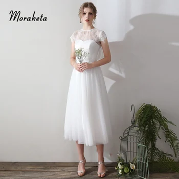 

Tea-length Simple Beach Wedding Dresses With Detachable Lace Jacket Elegant Spaghetti Straps Cheap White Tulle Bridal Gown