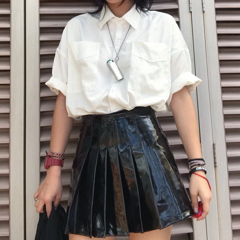 New Summer Skirts Women Harajuku Skirt Vintage Pu Skirts Loose High Waist Skirts Fashion Leather Skirts Casual Zip Skirts Female