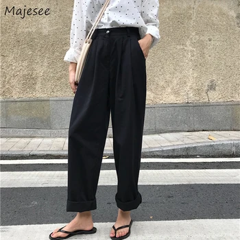 

Pants Women Long Loose Wide Leg Womens Trousers Pleated High Waist Button Pockets Solid Harajuku Korean Style Females Casual New