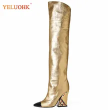 Модные женские сапоги выше колена на очень высоких каблуках 10,5 см; зимняя женская обувь из натуральной кожи; большие размеры 35-43; цвет золотой