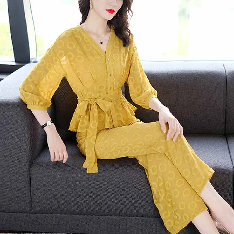 

2019 Summer New Style V-neck Flounced Chiffon Shirt Shirt Pendant Sense Straight-Cut Loose Pants Sub-Two-Piece Set Women's