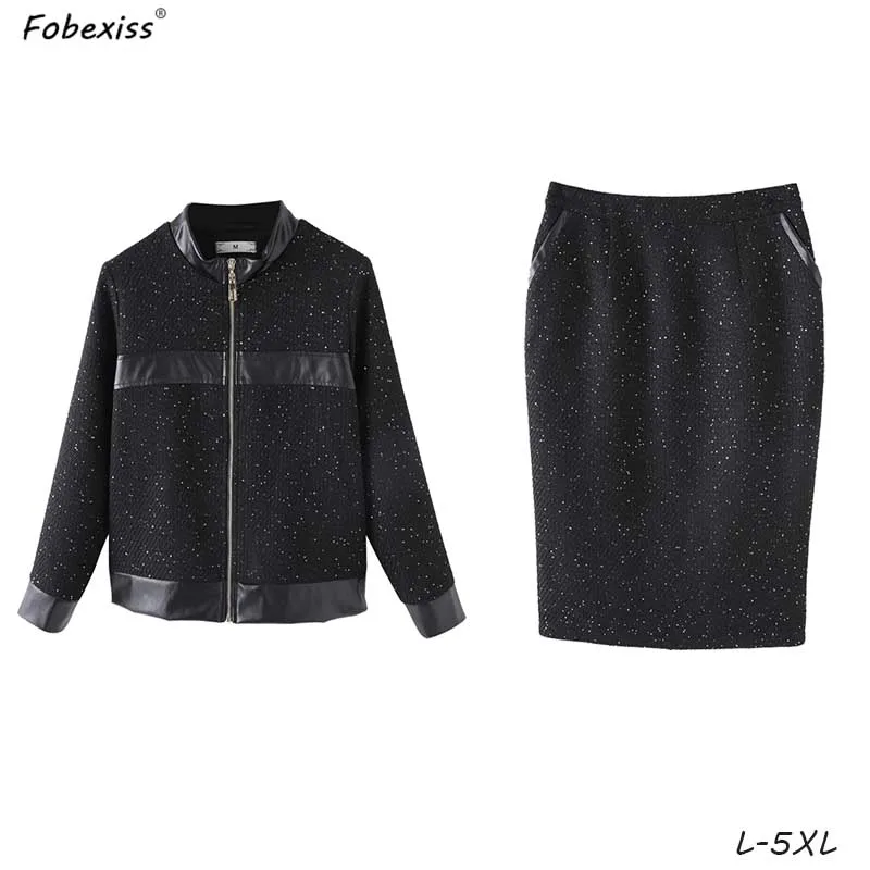 Черные Твидовые костюмы с юбкой 5XL размера плюс элегантные офисные женские блейзеры куртки миди костюмы с юбкой-карандаш осенние зимние женские костюмы