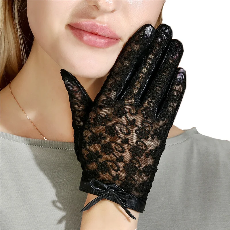 Sexy Fashion Women's Leather Gloves Spring and Autumn Thin Sheepskin Black Lace Gloves Bow Women's