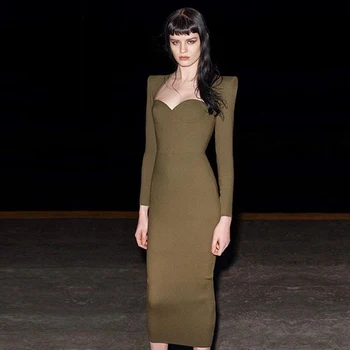 

Adyce 2020 New Autumn Women Club Bodycon Bandage Dress Sexy Long Sleeve Green Fashion Celebrity Evening Runway Party Maxi Dress