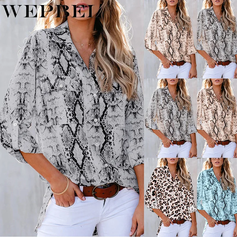 

WEPBEL Autumn Printed Single-Breasted Cardigan T-shirt Tops Women's Casual Three Quarter Sleeve Turn-down Collar Loose T-shirt