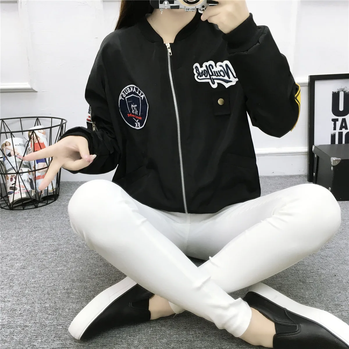 

Autumn Korean-style Spring And Autumn-BF Baseball Uniform Cropped Jacket Loose-Fit Long Sleeve Jacket Students Large Size Tops