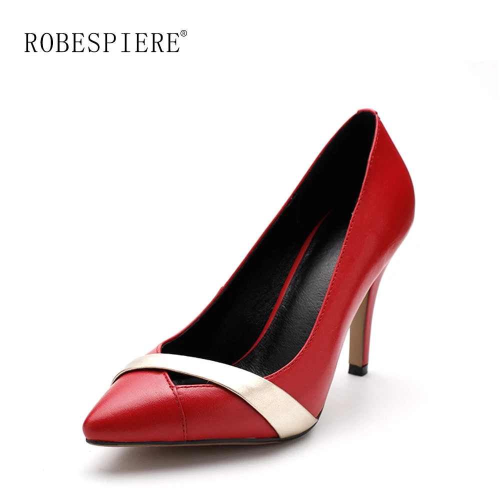 

ROBESPIERE Fashion High Heels Women Pumps Mixed Colors Genuine Leather Shoes Woman Classics Pointed Toe Party Wedding Pumps A34