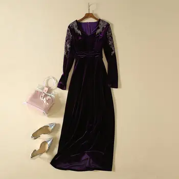 

European and American women's clothing 2019 winter new style V neck long sleeve embroidery Fashionable purple velvet dress