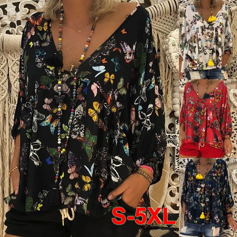 

Women Plus Size Tops Boho Butterfly Blouse V Neck Long Sleeve Shirt Casual FS99