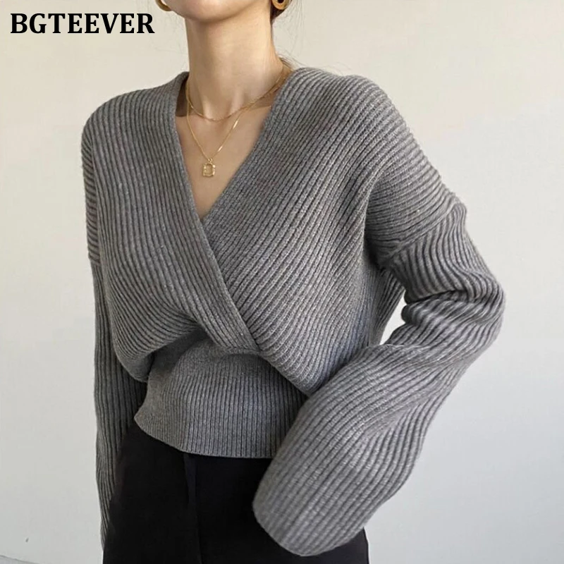 

BGTEEVER Stylish V-neck Cross-Criss Women Knitted Pullovers 2020 Elegant Loose Warm Sweater Female Full Sleeve Knitting Tops