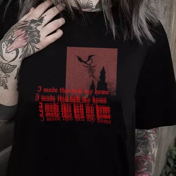

Made Hell My Home Women Gothic T Shirt Grunge Style Aesthetic Satanic Graphic T Shirts Female Oversized Halloween Top Cotton Tee