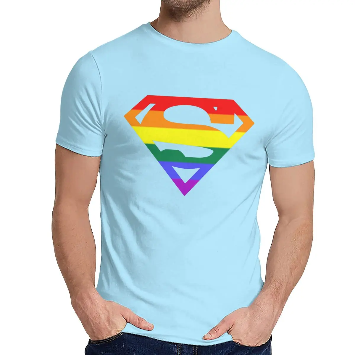 Мужская футболка супер квир Радуга, гей, LGBTQ LGBT хороший хлопок уникальный дизайн Crewneck ретро короткий рукав - Цвет: Небесно-голубой