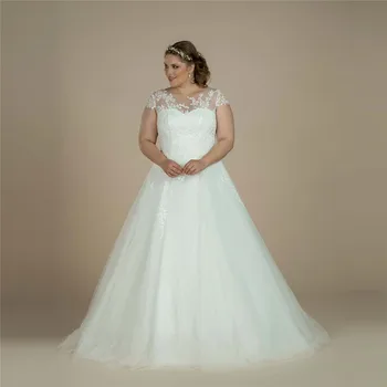 

Scoop Neck Short Sleeves A-Line Wedding Dresses Plus Size Lace Up Back Tulle Skirt Bridal Gowns Country Vestidos De Mariee Robe
