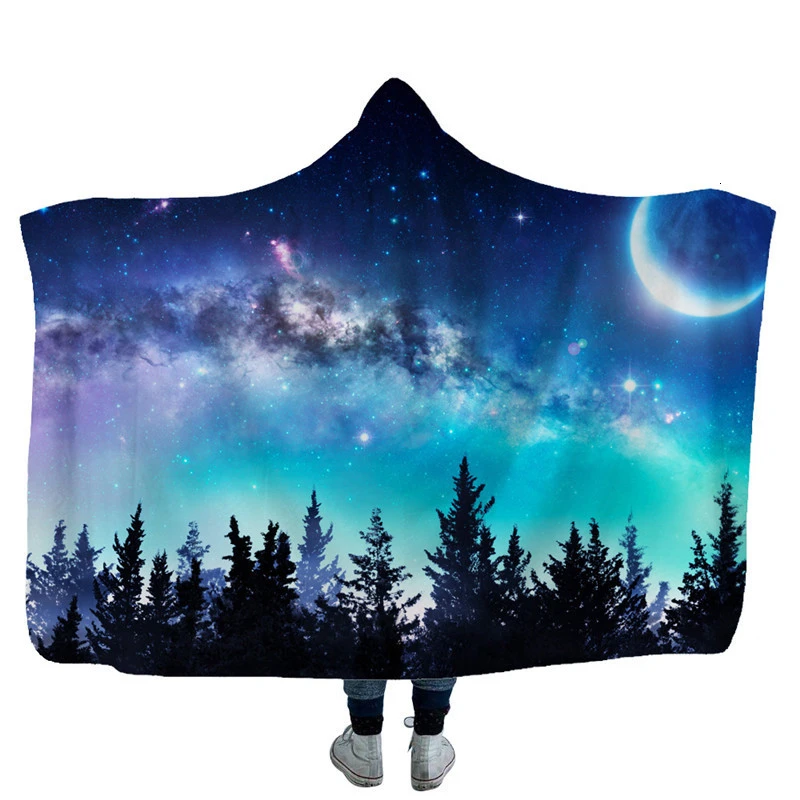 Модное носимое одеяло с капюшоном для детей Звездное небо зимние теплые мягкие плюшевые пушистые Звездные свитшот с Луной одеяло для взрослых украшения дома