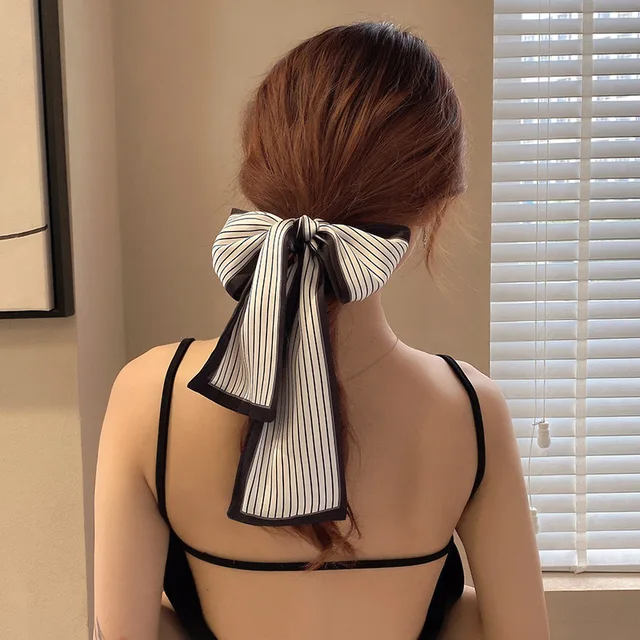Women Silk Scarf Headband Female Tied Hair Summer Ribbon Retro French Bow Korean Horsetail Bundle Japanese Girl Hair Headdress Headband 17